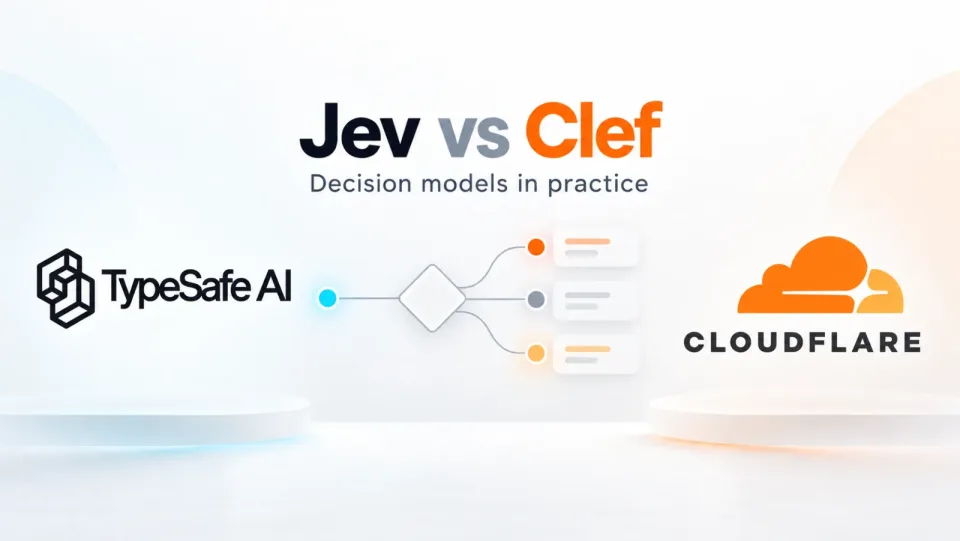 Jev vs Clef, decision models in practice. The TypeSafe AI and Cloudflare logos either side of a record going through a decision into three outcomes.